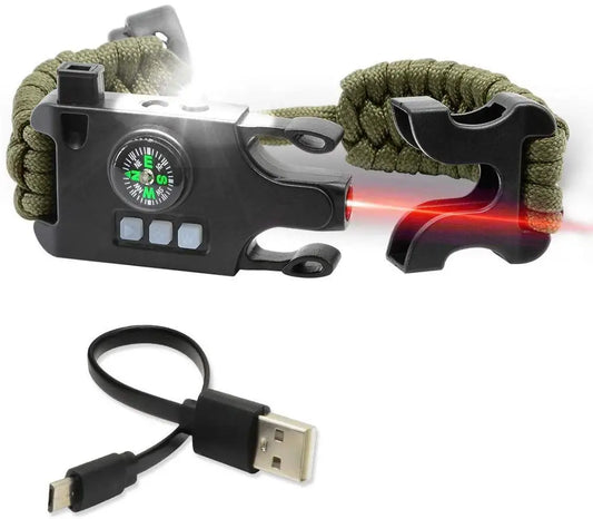 Emergency Outdoor Survival Wristband with Laser Pointer LED Flashlight and Compass