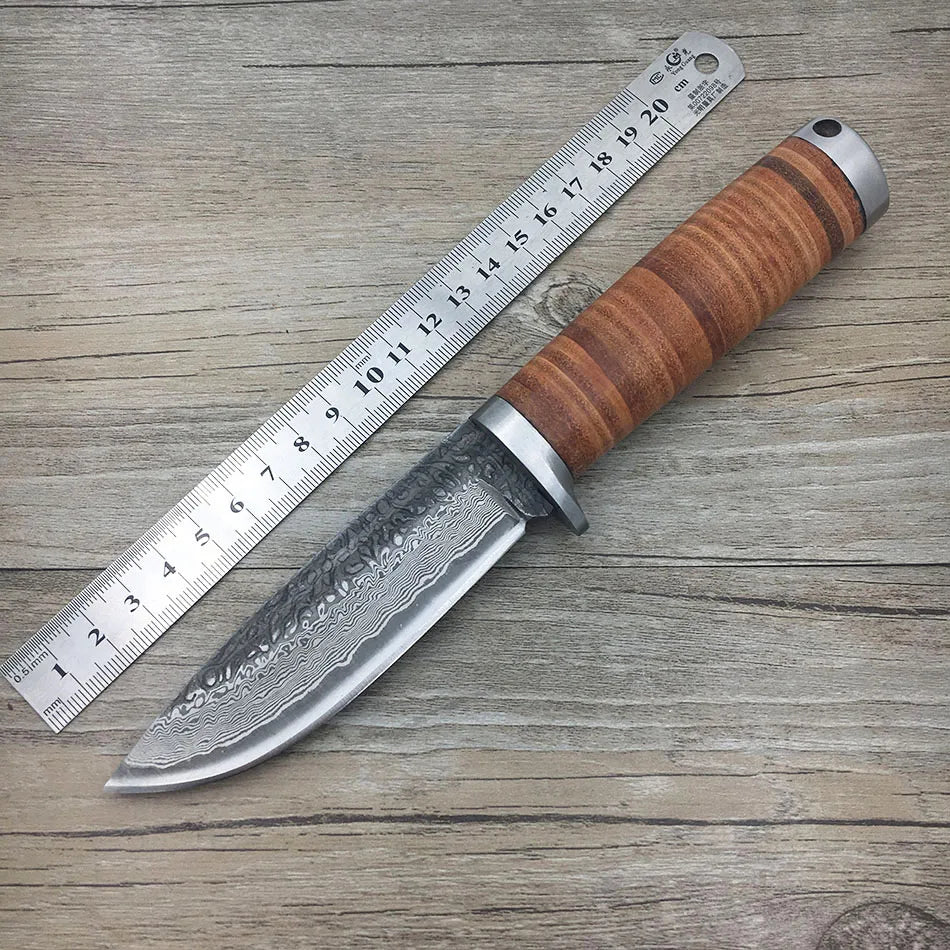 SWAYBOO High-carbon Forged Damascus Steel Straight Knife with Leather Scabbard