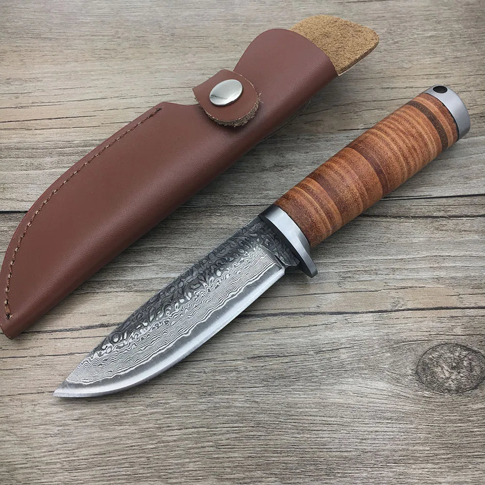 SWAYBOO High-carbon Forged Damascus Steel Straight Knife with Leather Scabbard