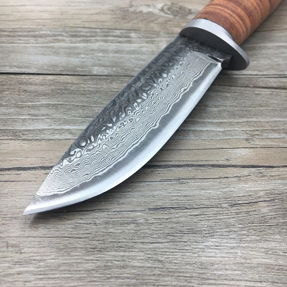 SWAYBOO High-carbon Forged Damascus Steel Straight Knife with Leather Scabbard