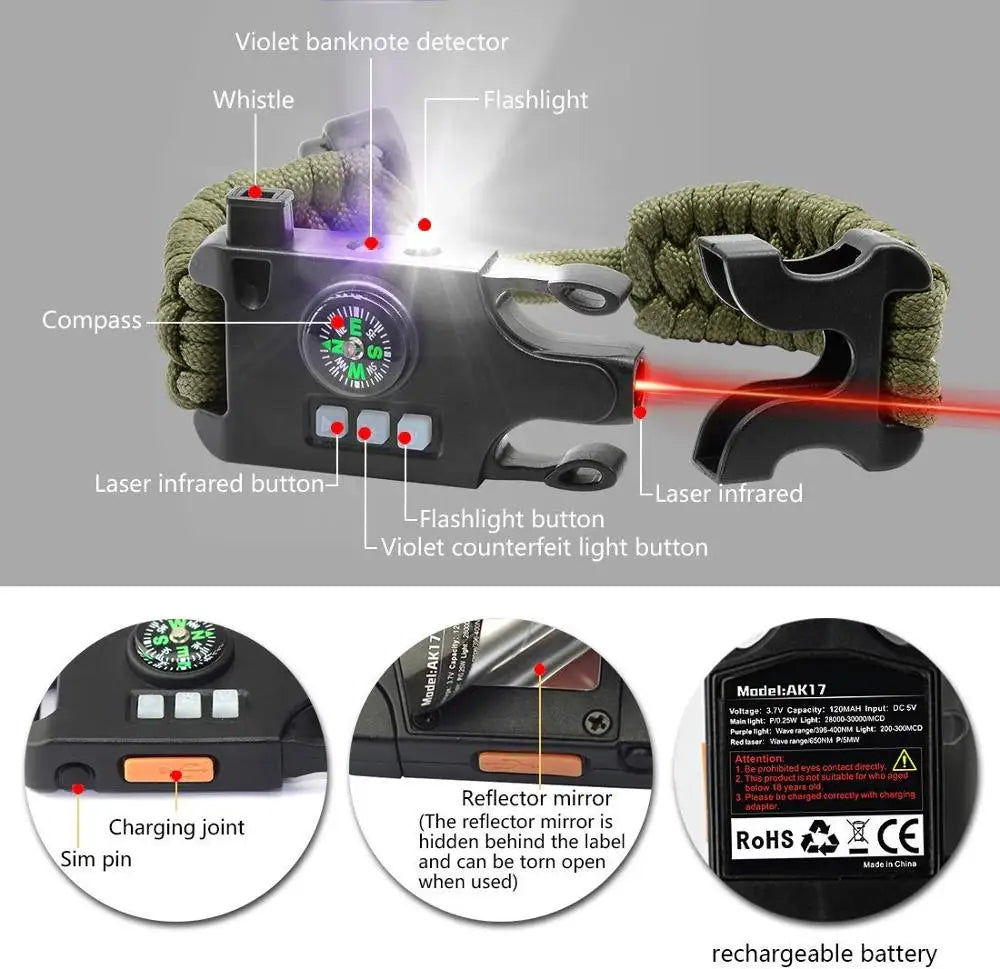 Emergency Outdoor Survival Wristband with Laser Pointer LED Flashlight and Compass