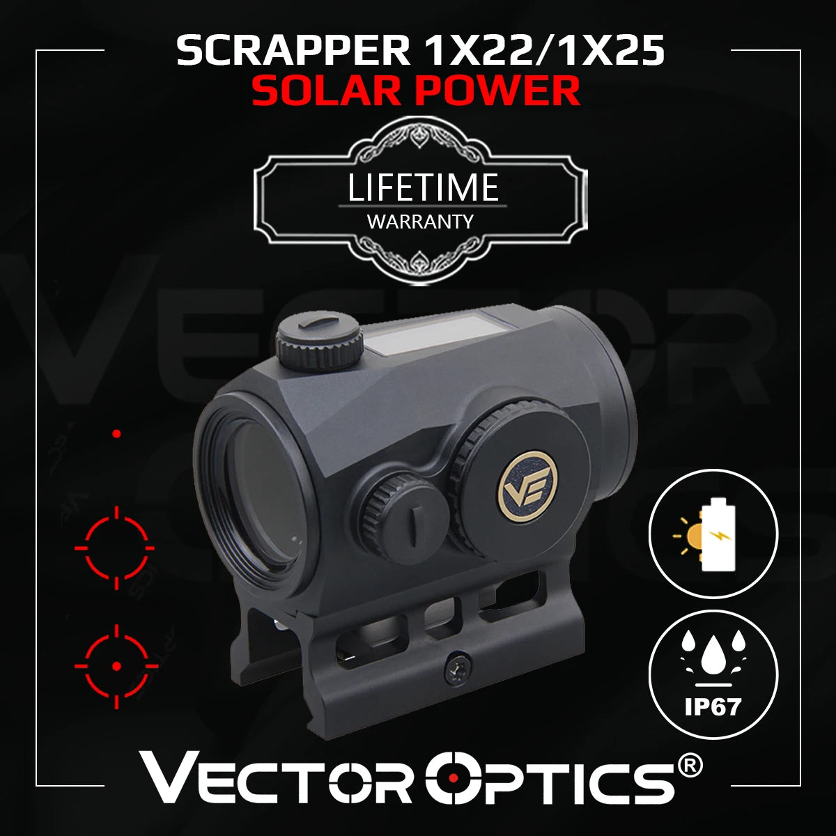 Vector Optics Scrapper 1x22/25 Solar Power Multi Reticle Red Dot Sight With Motion Sensor