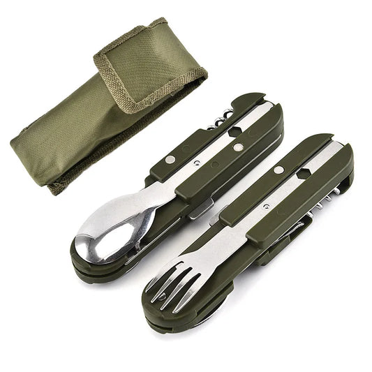 Folding Camp Knife Fork Spoon Bottle Opener Portable Stainless Steel Camping Flatware Kit