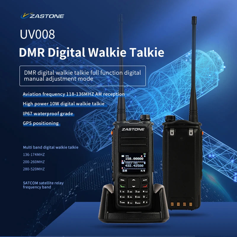 ZASTONE UV008 DMR Two Way Radio 10W Dual Band Walkie-talkie GPS